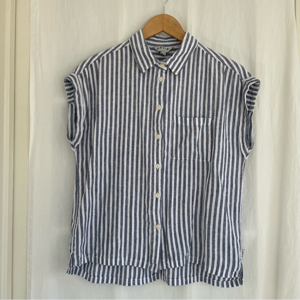 Orvis Striped Button Down Shirt Blue-Gray and White, Linen Rayon Blend